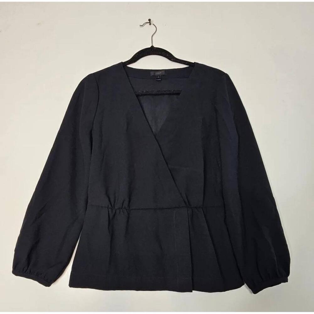 J.Crew Drapey Crepe Black Long Sleeve V-Neck Faux Wrap Blouse Sz 6 Preppy Chic - Picture 2 of 10